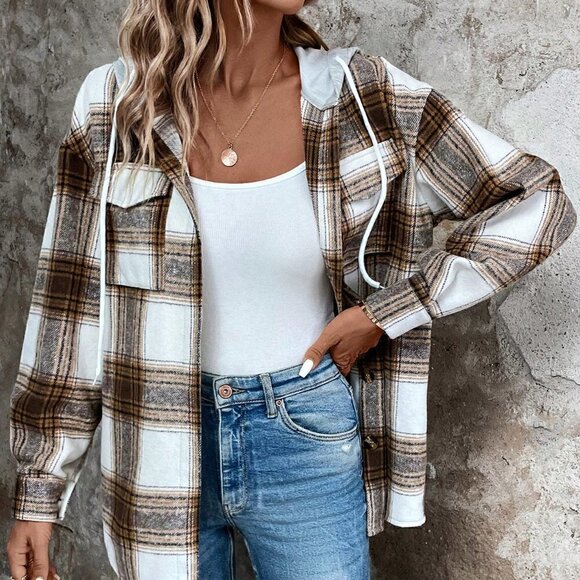 Brown Casual Womens Plaid Print Drop Shoulder Drawstring Hooded Coat - Picture 1 of 5